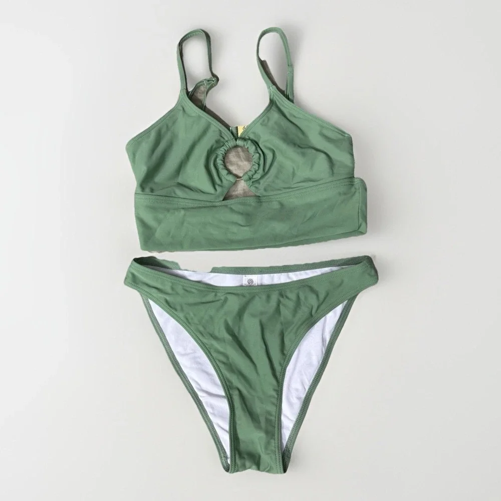 NWT Charmo Sage Green O-Ring Cutout Bikini Set Medium UPF 50+ Swimsuit 2 Piece